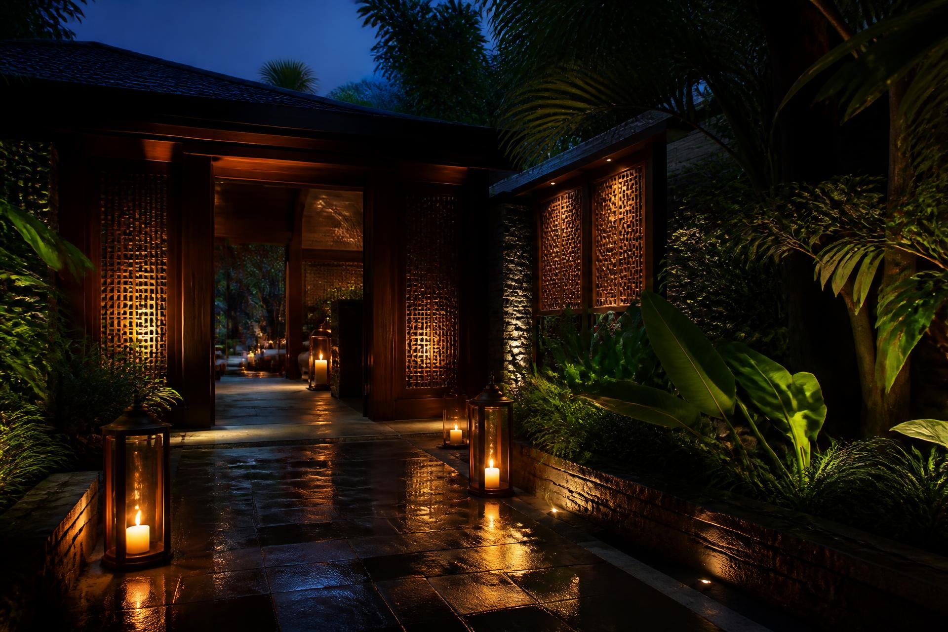 Candlelit entrance of W International Spa at blue hour