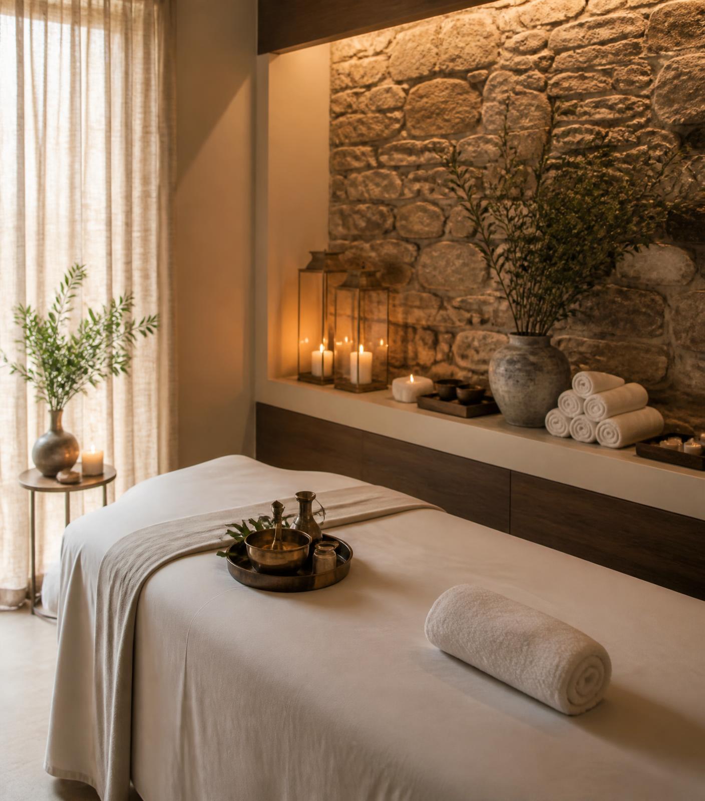 A candlelit treatment suite with fresh linen and herbal oils